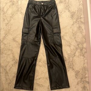 Black Leather-Like Straight-Leg Pants